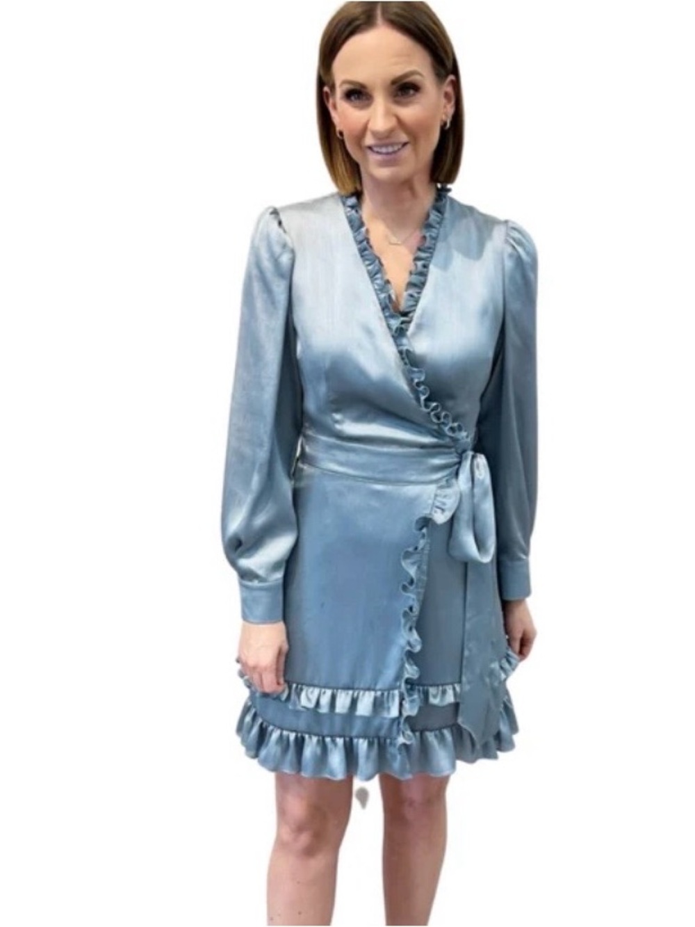 NWT- Satin Ruffle Wrap Dress - stone blue color